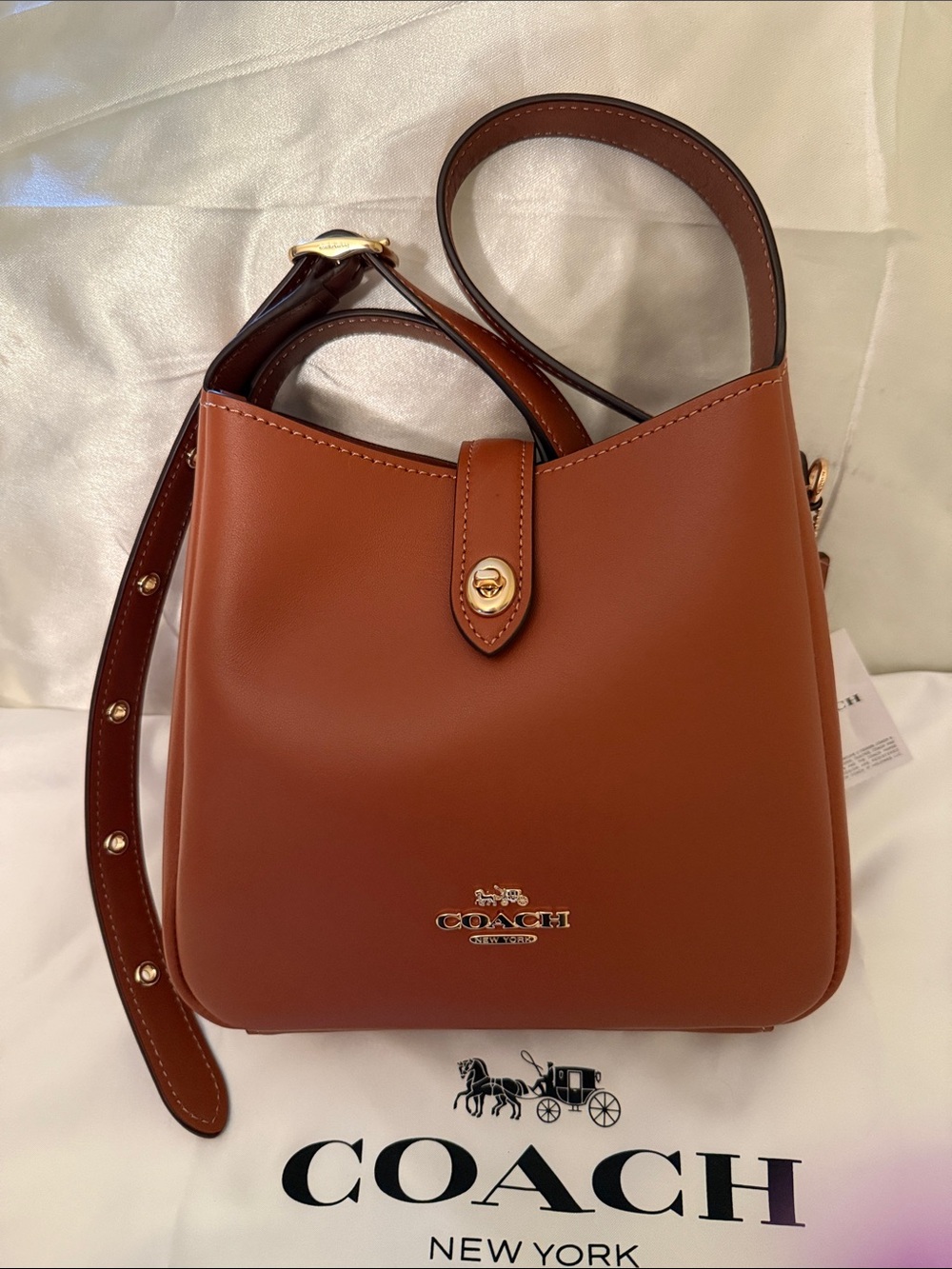 🤎Coach NEW Honey Brown Leather Hadley TurnLock Mini Crossbody with Gold Hardware - Picture 3 of 8